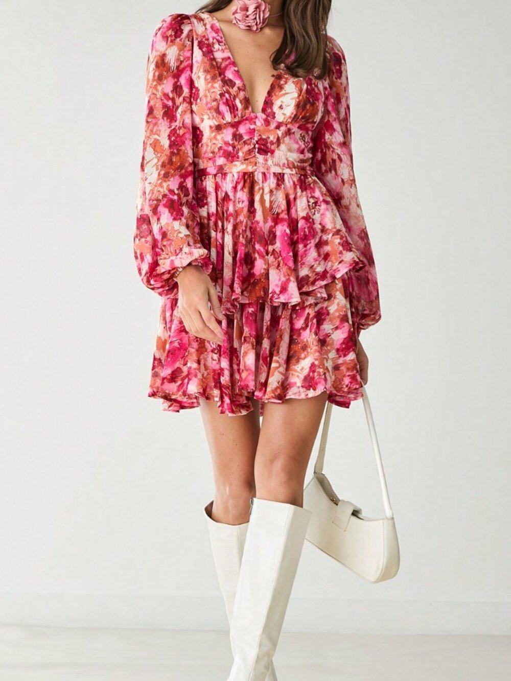 Hot Pink Boho Women's V-Neck Long Sleeve Floral Allover Print Short Casual Dress - Picture 3 of 10